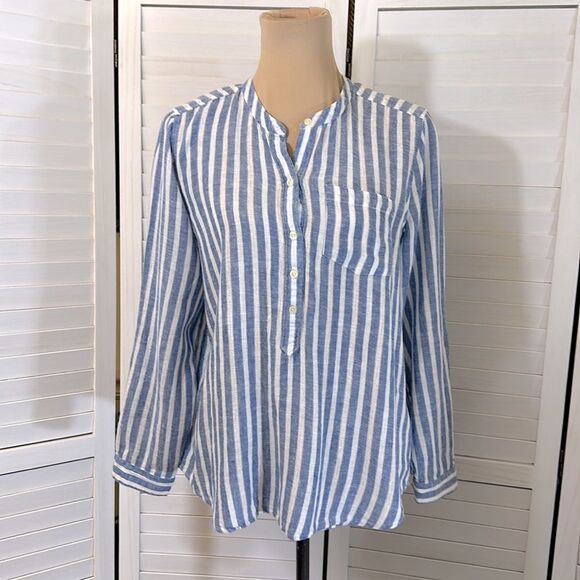 Lucky Brand Size Large Linen Top Blue White Stripe Henley - Picture 2 of 10